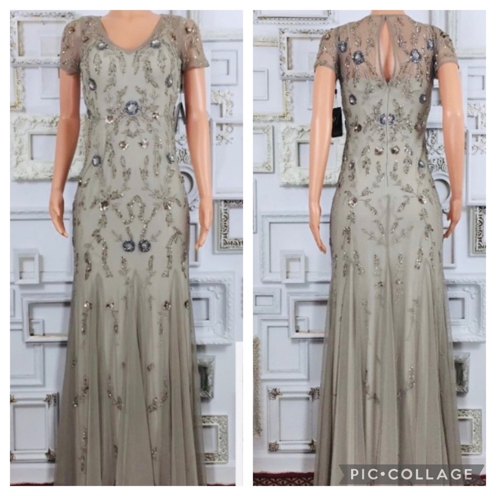 Adrianna Papell beaded short sleeves V- neck long gown - Picture 7 of 10